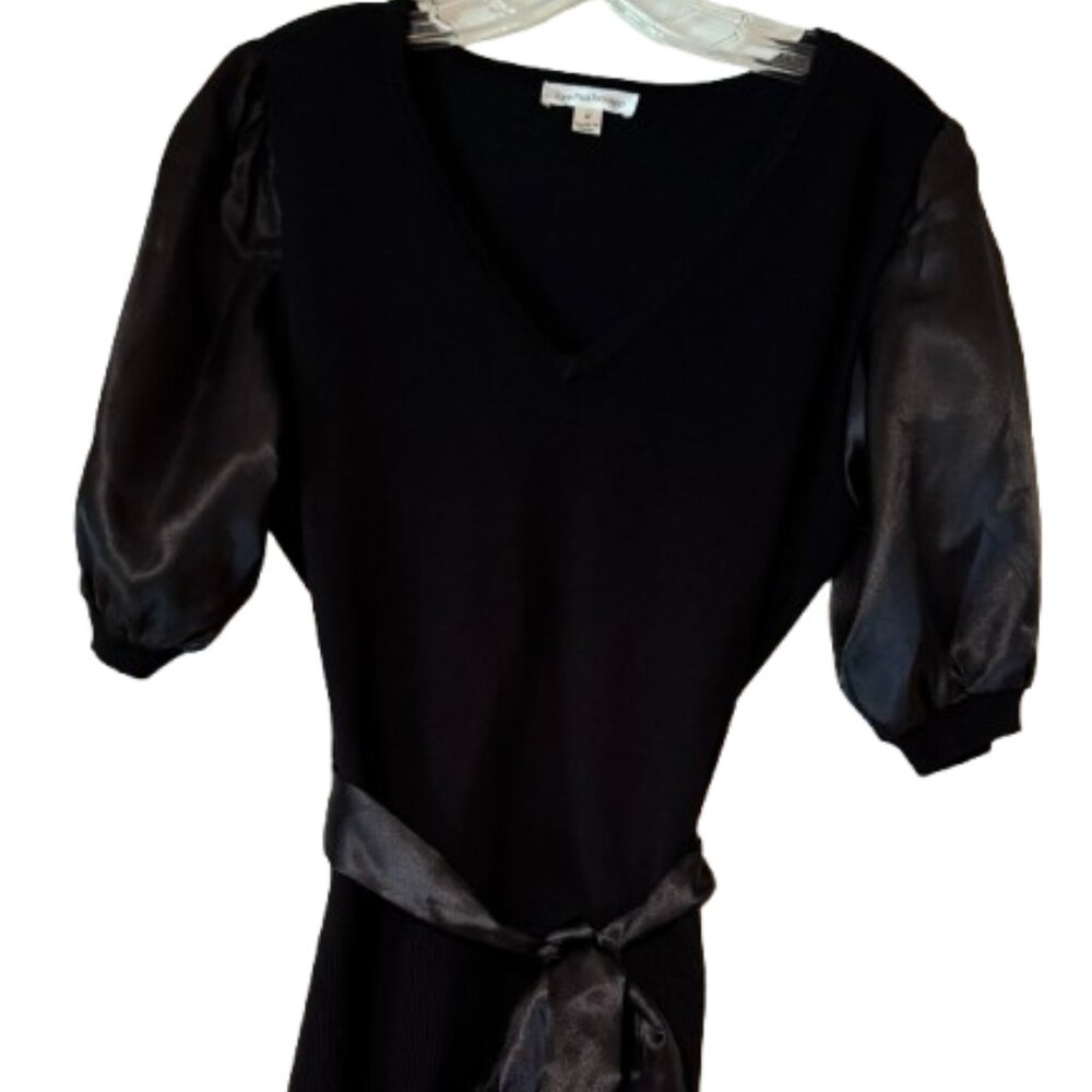John Paul Richard Black Blouse -Satin Puff Sleeves & Sash- V Neck …